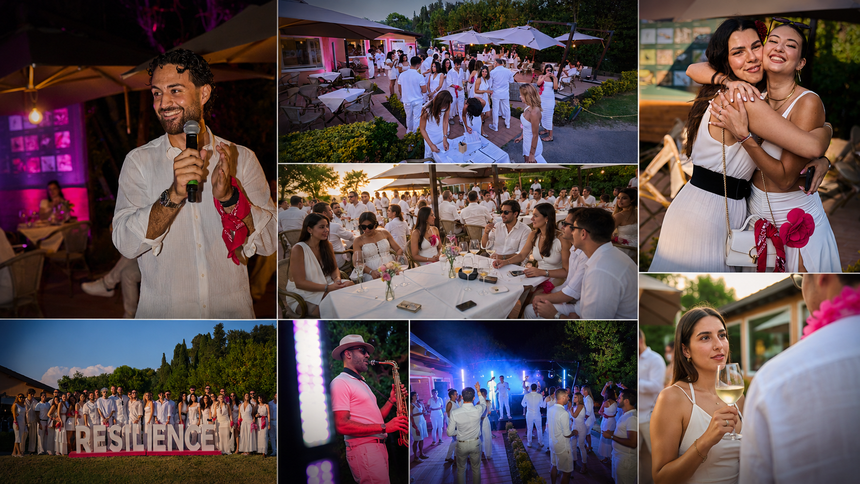 Collage del Resilience White Party: ospiti vestiti di bianco, live music e scritta RESILIENCE