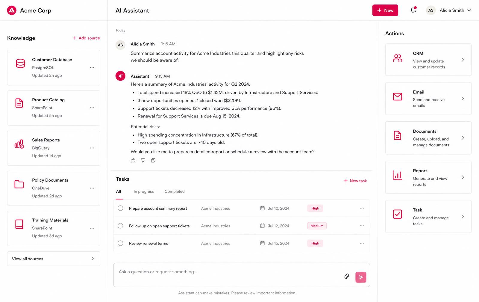 Interfaccia di un agente AI aziendale collegato a dati e azioni